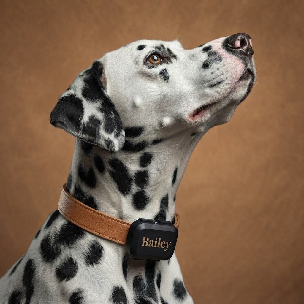 Hund mit PET Finder 4G Mini am Halsband – Vorschau der Gravur