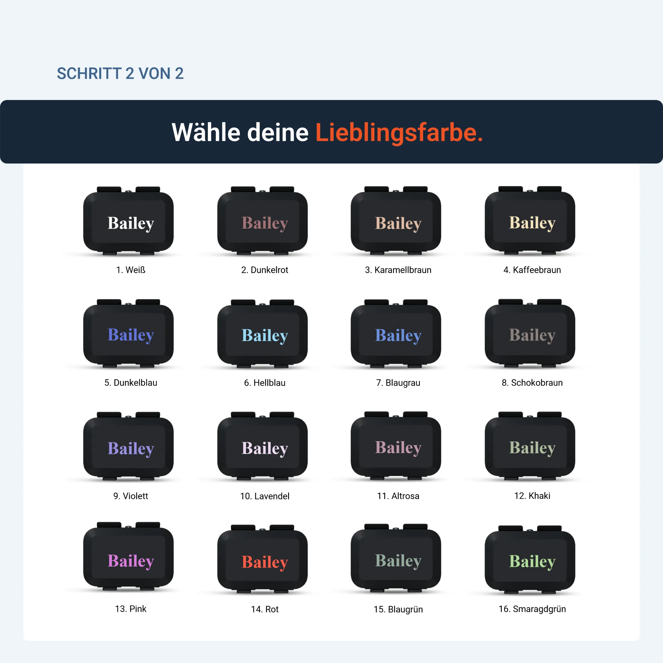 Alle sechzehn Druckfarben mit dem Beispielnamen Bailey, gedruckt auf echten PAJ-Trackern — von Weiß über Khaki bis Smaragdgrün.