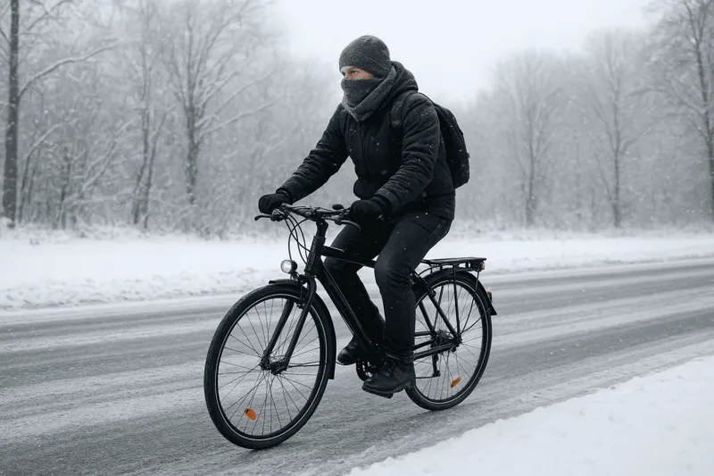 Radfahren im Winter. Einen Mann auf der Strasse