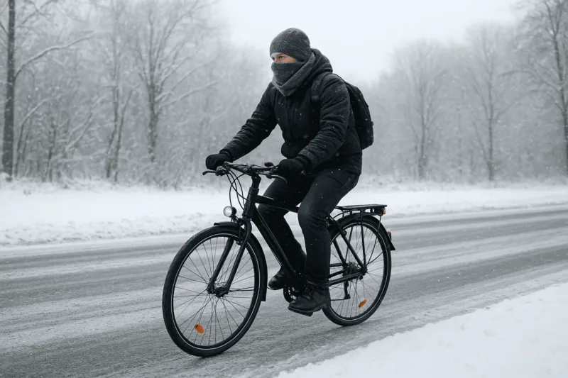 Radfahren im Winter. Einen Mann auf der Strasse