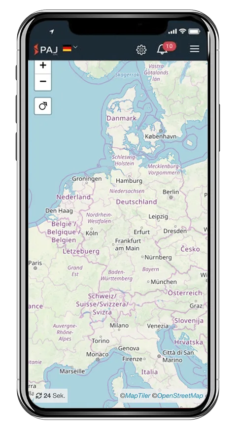 PAJ FINDER-App, die eine Karte von Deutschland zeigt