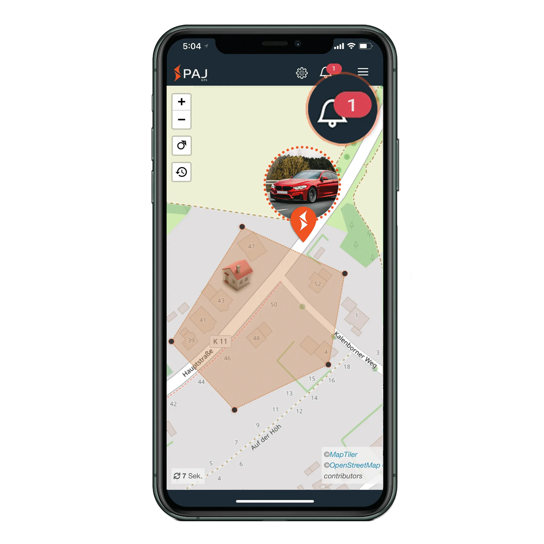 Bild der PAJ FINDER-App, die die Geofence-Option auf dem Bildschirm zeigt