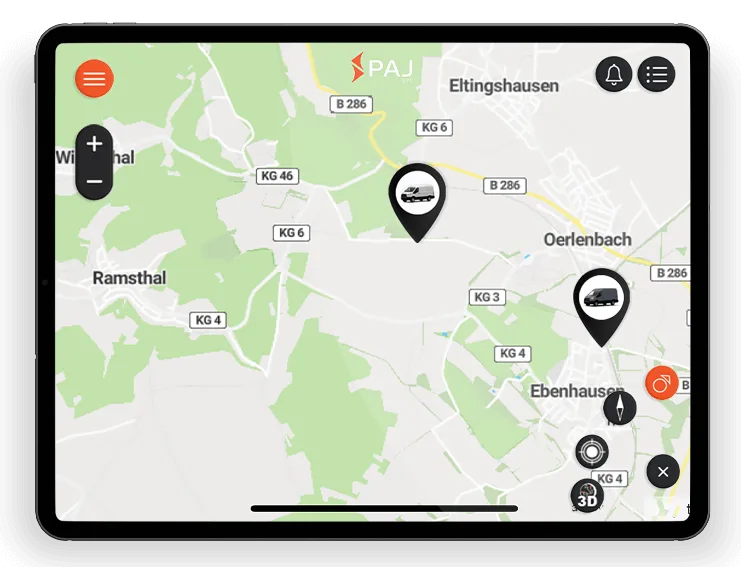 Screenshot der PAJ GPS-Tracker-App, der die Standorte der Flottenfahrzeuge auf der Karte anzeigt