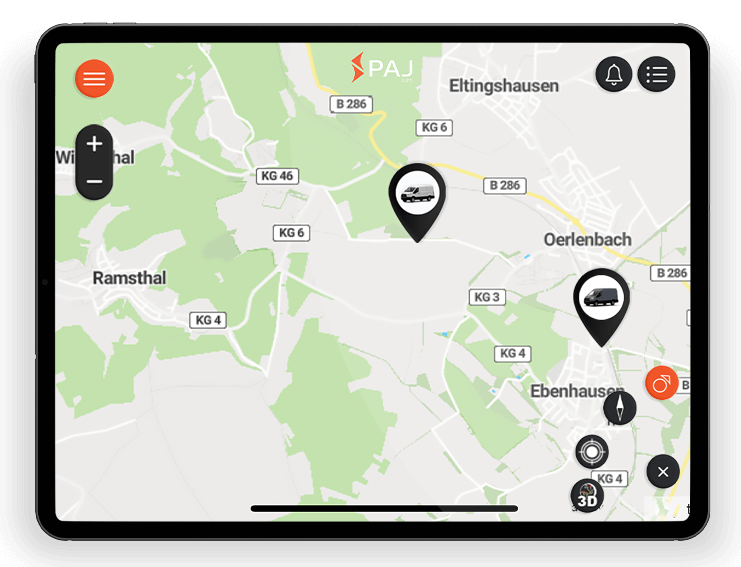 Screenshot der PAJ GPS-Tracker-App, der die Standorte der Flottenfahrzeuge auf der Karte anzeigt