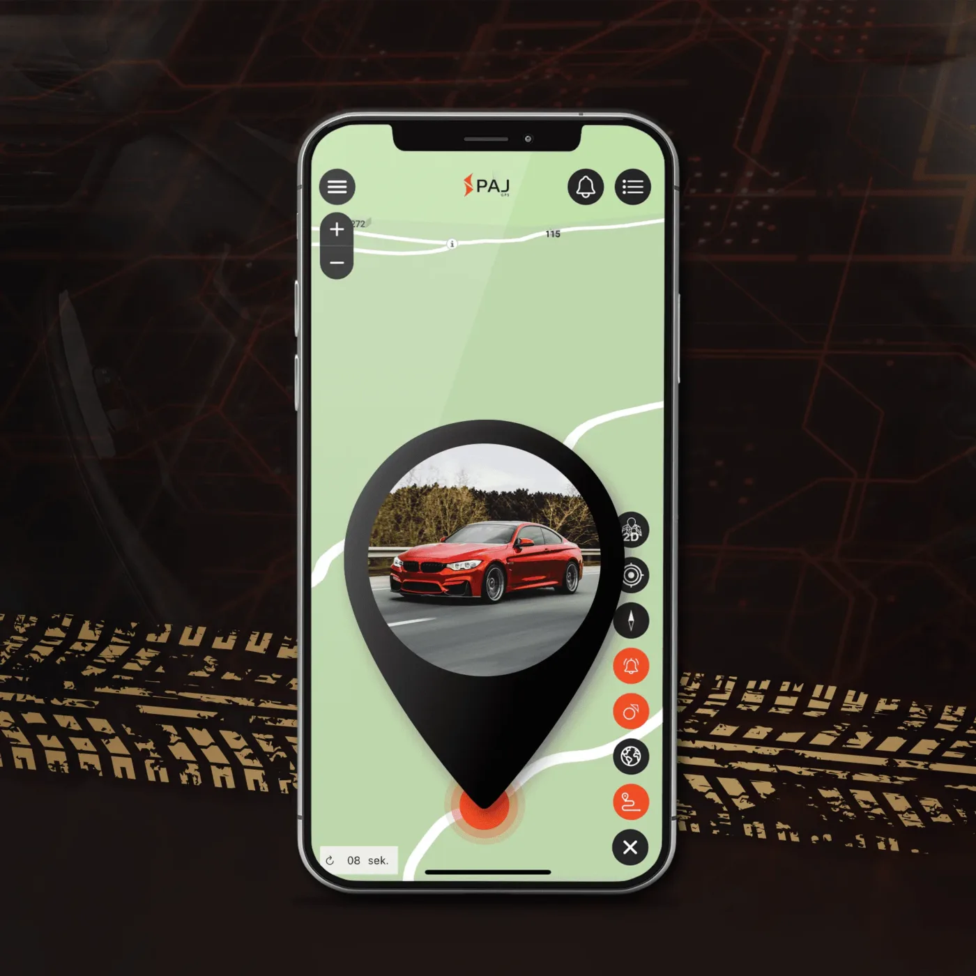 Auto Ortung Diebstahlschutz. Das bild zeigt einen Auto mit einem auto tracker die es ermoeglicht, das Auto in Echtzeit zu überwachen.