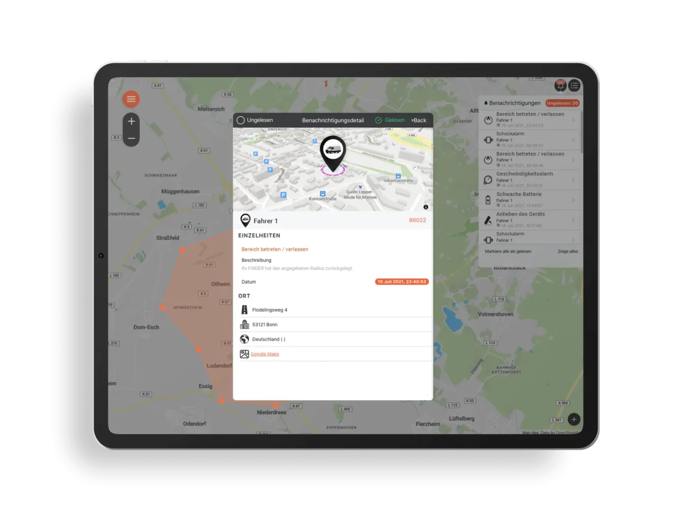 Fahrtenbuch App FINDER Portal Alarme Flottenmanagement