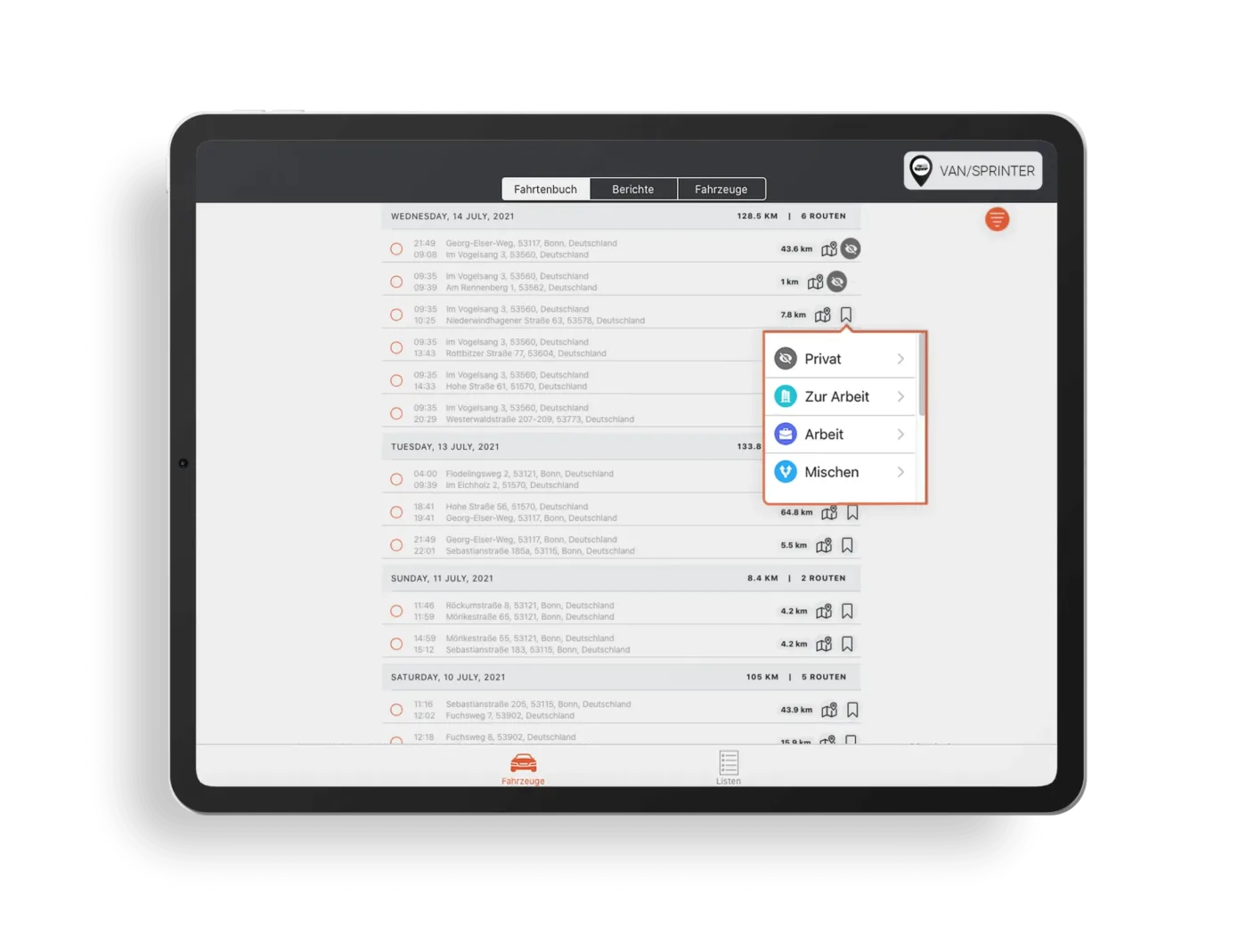 Fahrtenbuch App FINDER Portal Aufteilung Routen Flottenmanagement