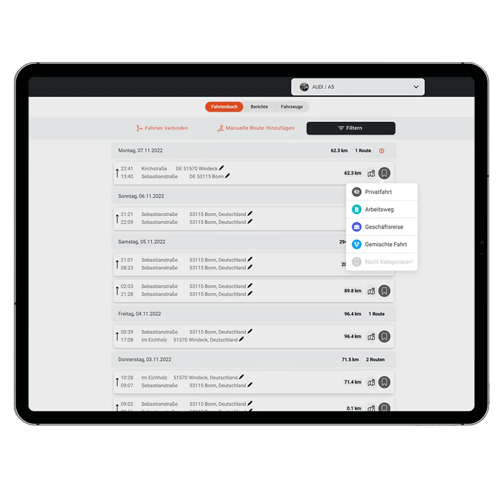 Tablet mit Fahrtenbuch App FINDER Portal PAJ GPS