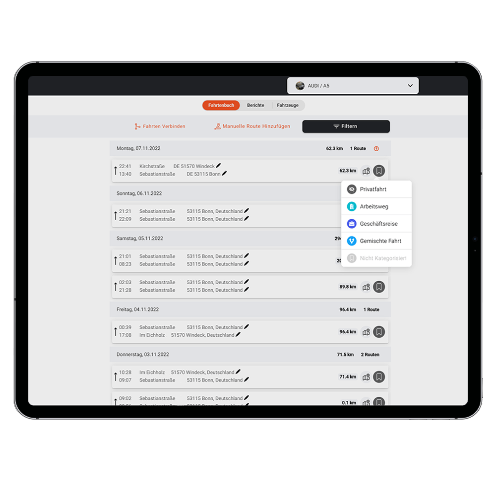 Tablet mit Fahrtenbuch App FINDER Portal PAJ GPS