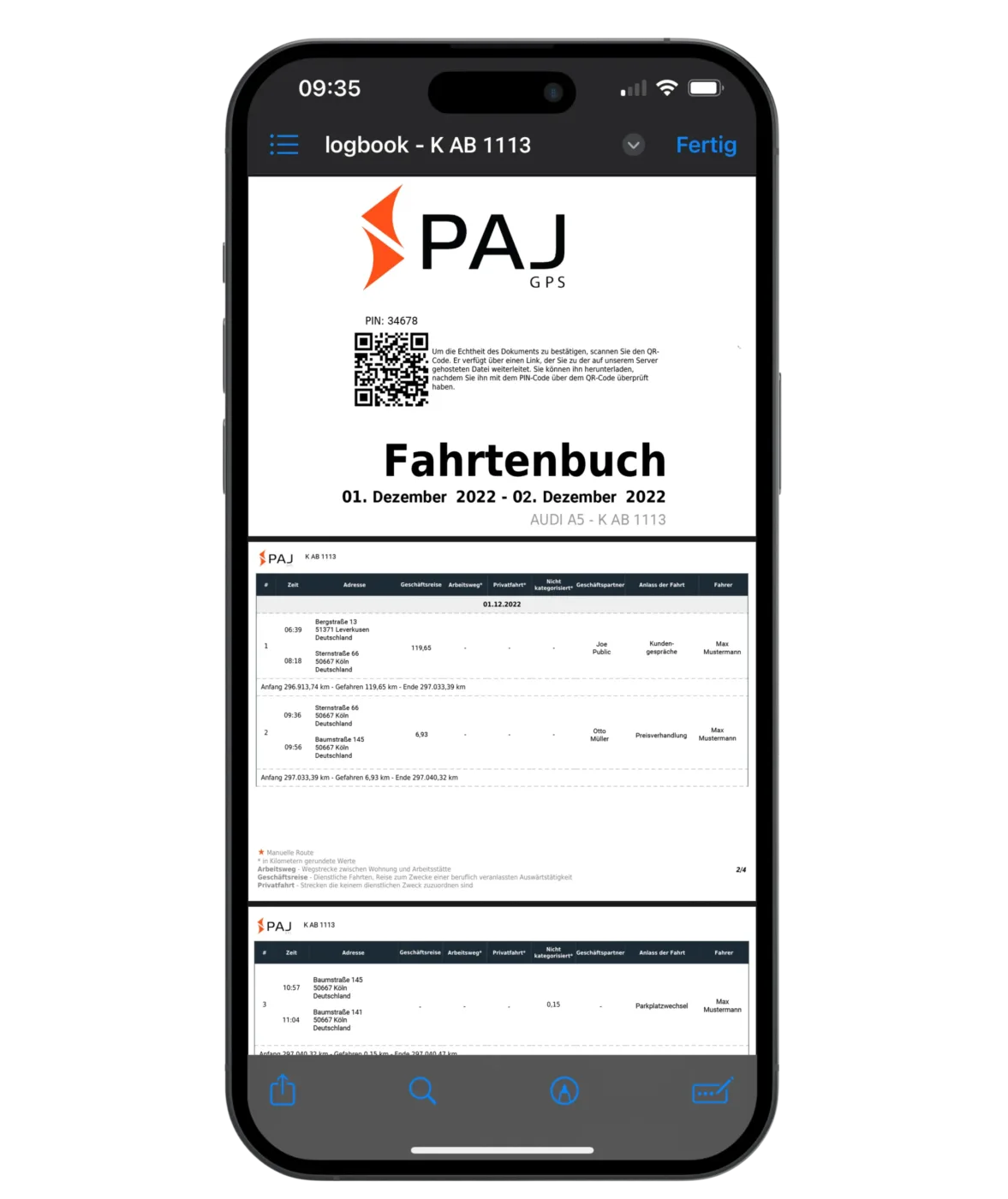 Mockup Handy Fahrtenbuch Export Bericht Report GPS Tracker PAJ GPS