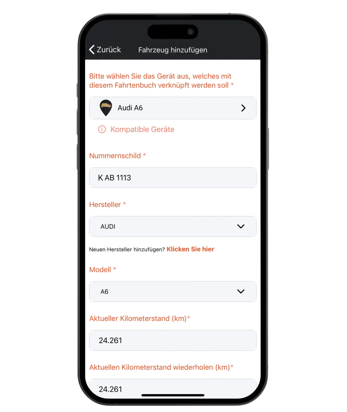 Mockup Handy Fahrtenbuch GPS Tracker mit Fahrzeug verknüpfen PAJ GPS