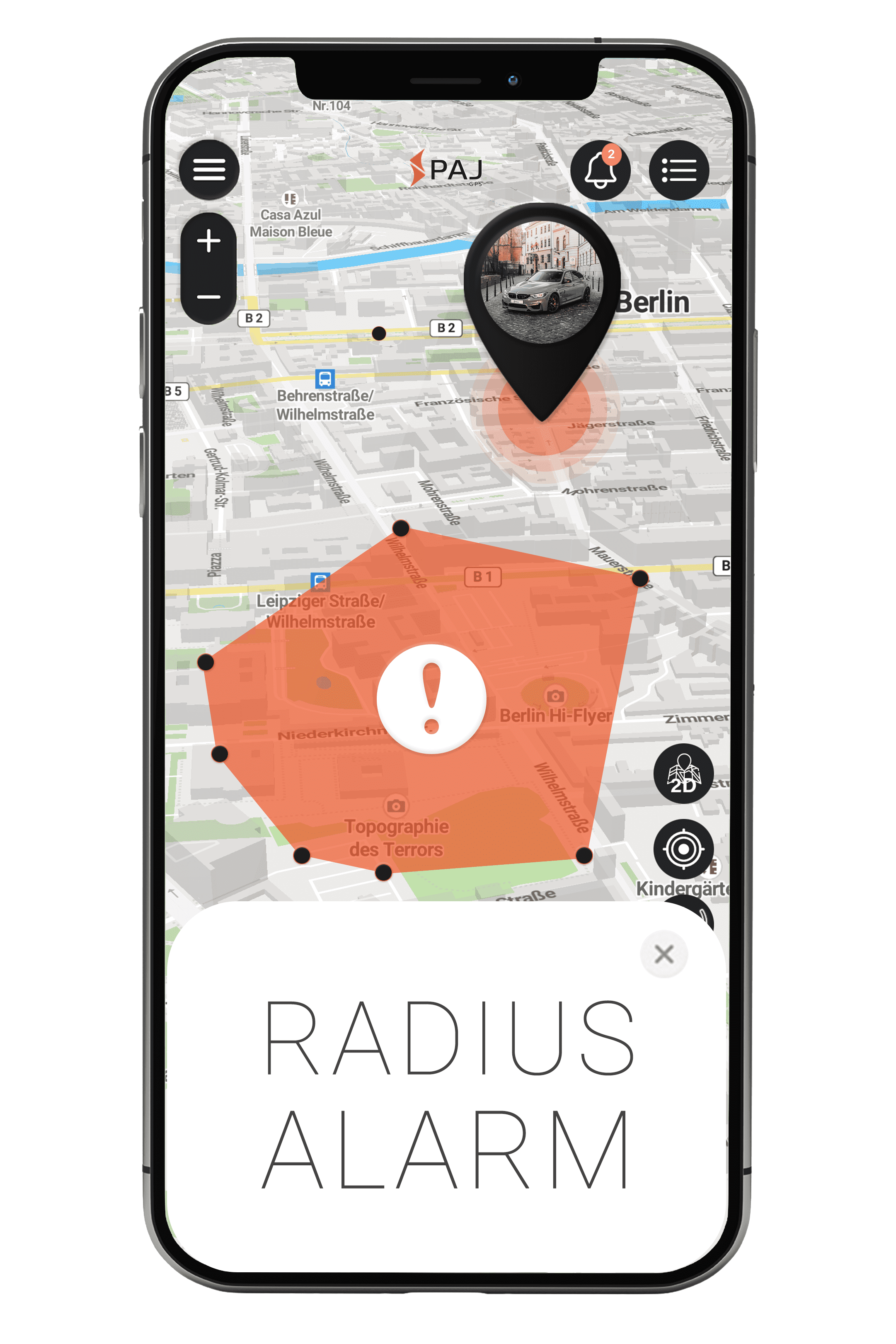 Mockup Smartphone Radius Alarm virtueller Zaun Auto FINDER Portal PAJ GPS Ortungsportal