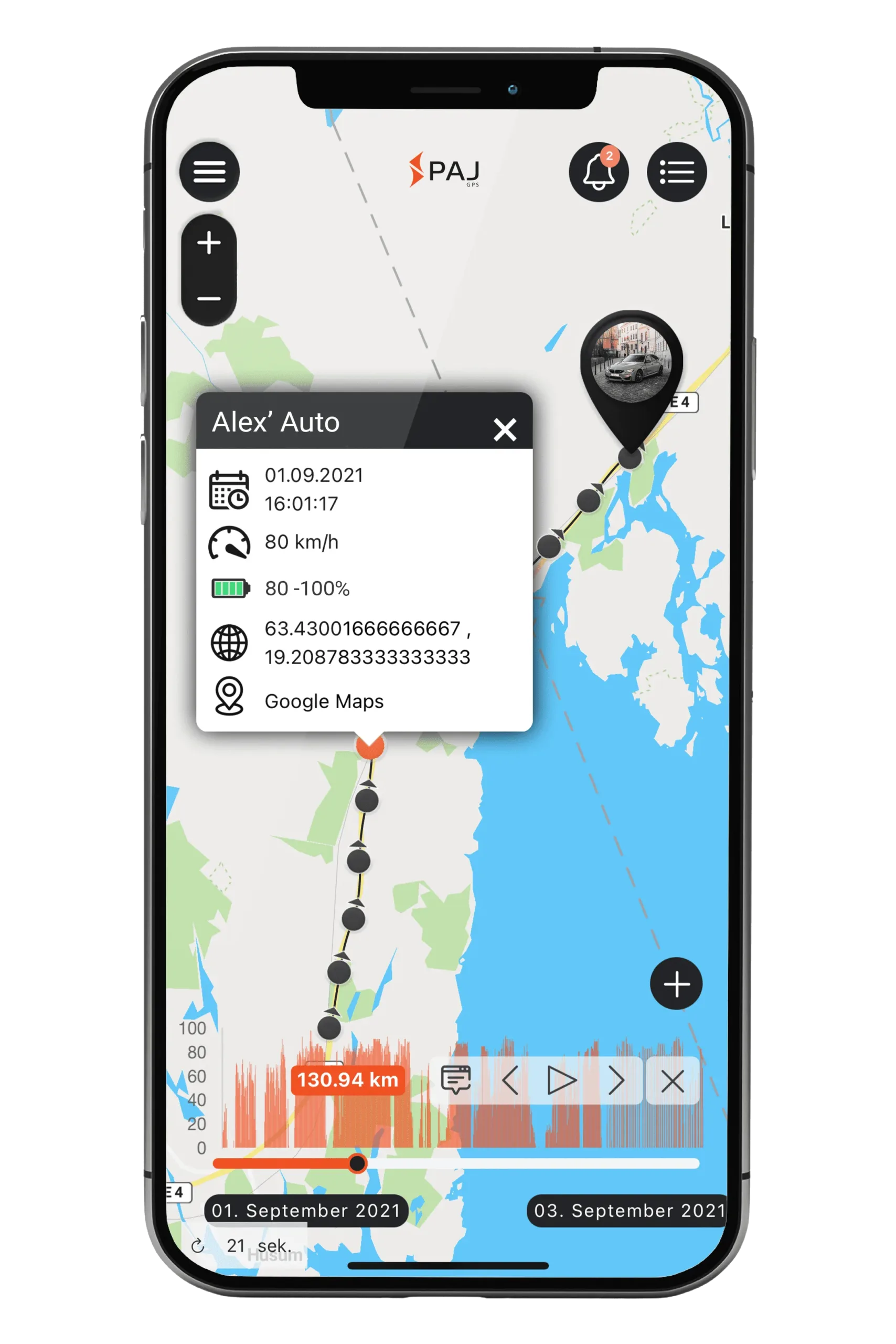 Mockup Smartphone Streckenaufzeichnung Auto FINDER Portal PAJ GPS Ortungsportal