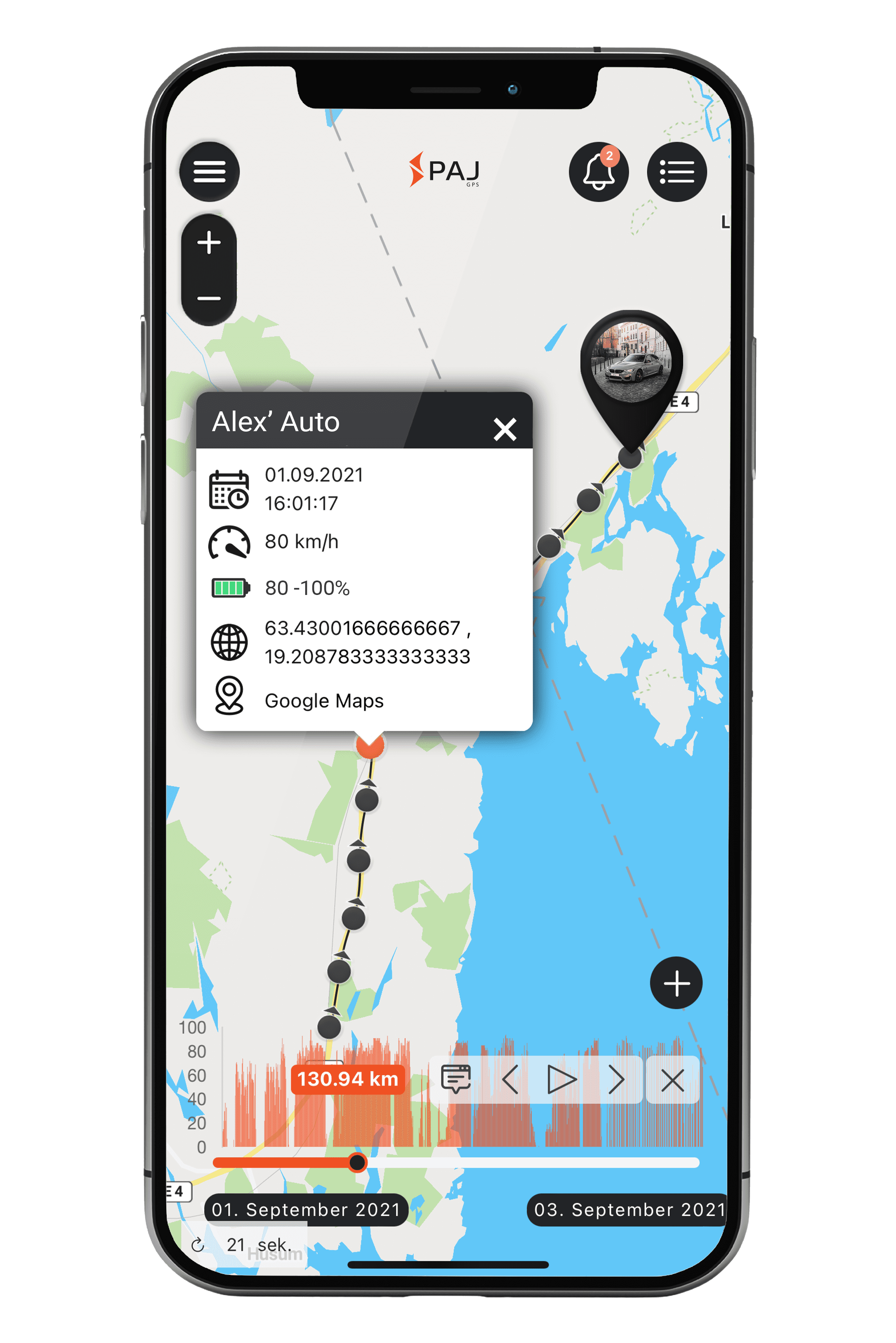 Mockup Smartphone Streckenaufzeichnung Auto FINDER Portal PAJ GPS Ortungsportal