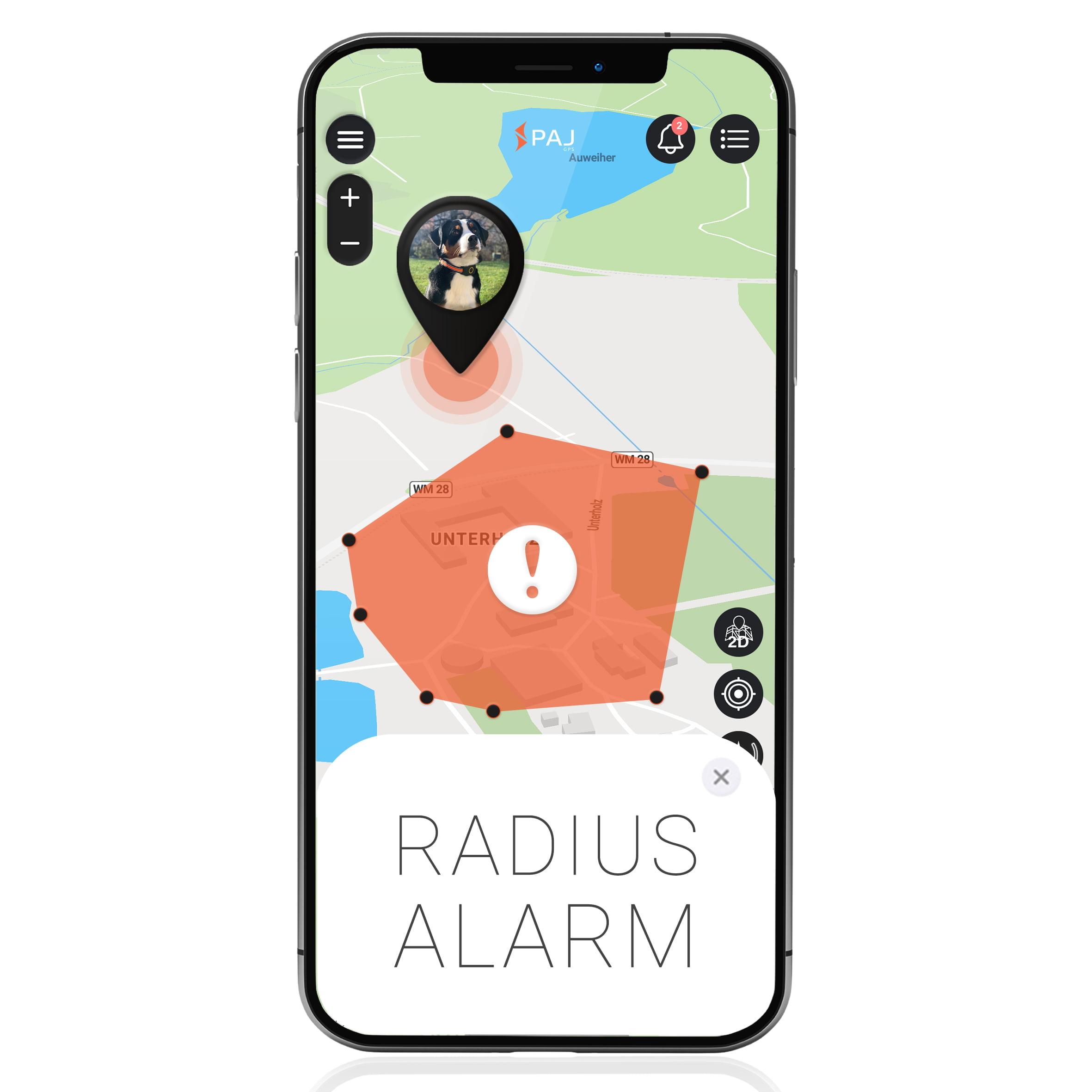 Mockup Smartphone Radius Alarm virtueller Zaun Hund FINDER Portal PAJ GPS Ortungsportal