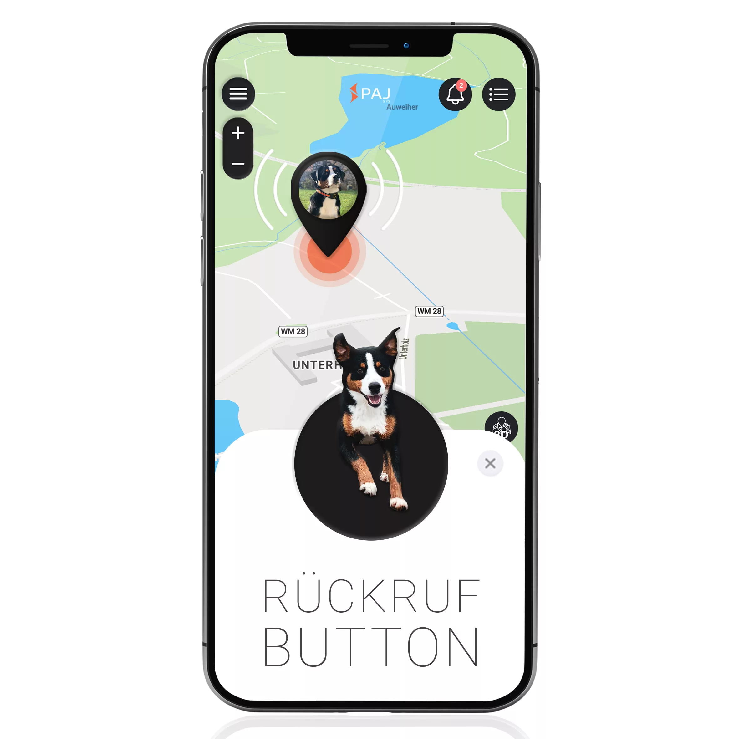 Mockup Smartphone Rückruffunktion Hund FINDER Portal PAJ GPS Ortungsportal