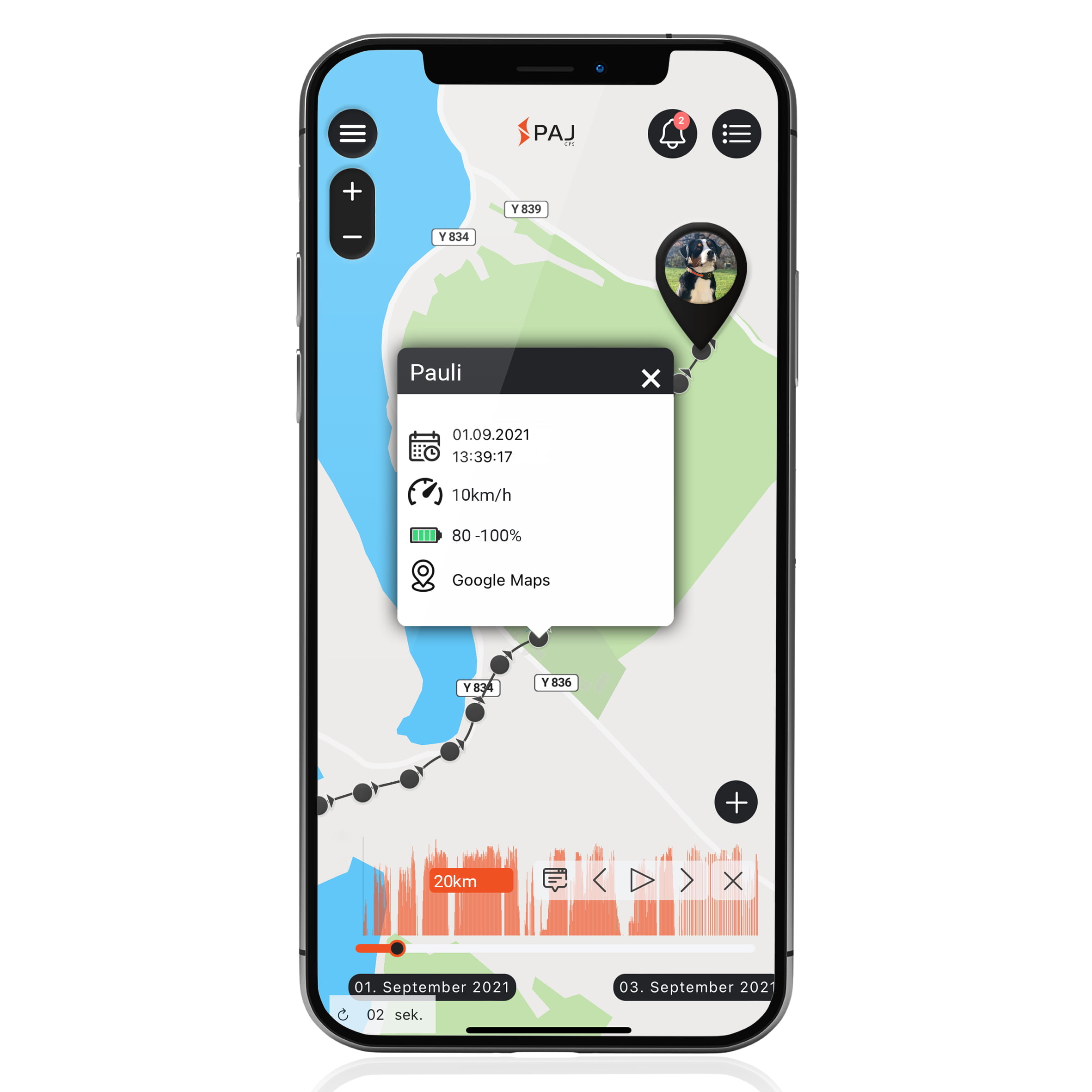 Mockup Smartphone Streckenspeicherung Hund FINDER Portal PAJ GPS Ortungsportal