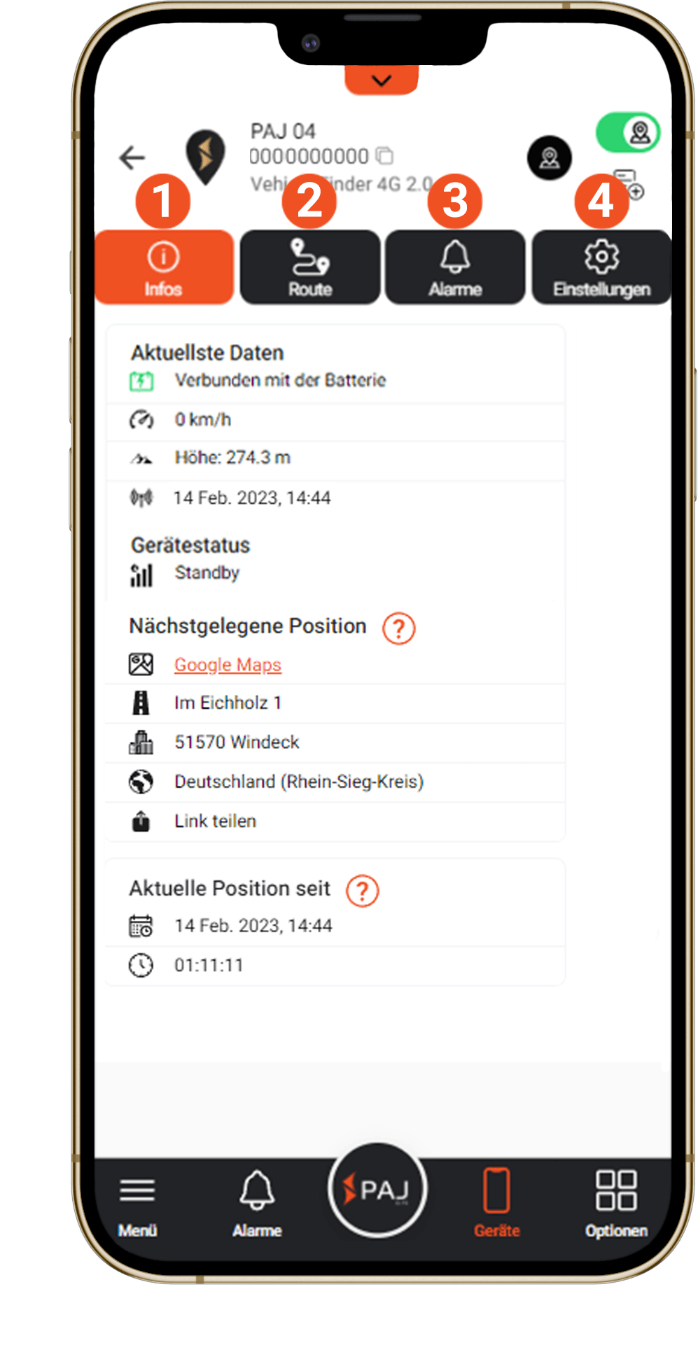 Screenshot Geräte-Einstellungen Handy FINDER Portal V2
