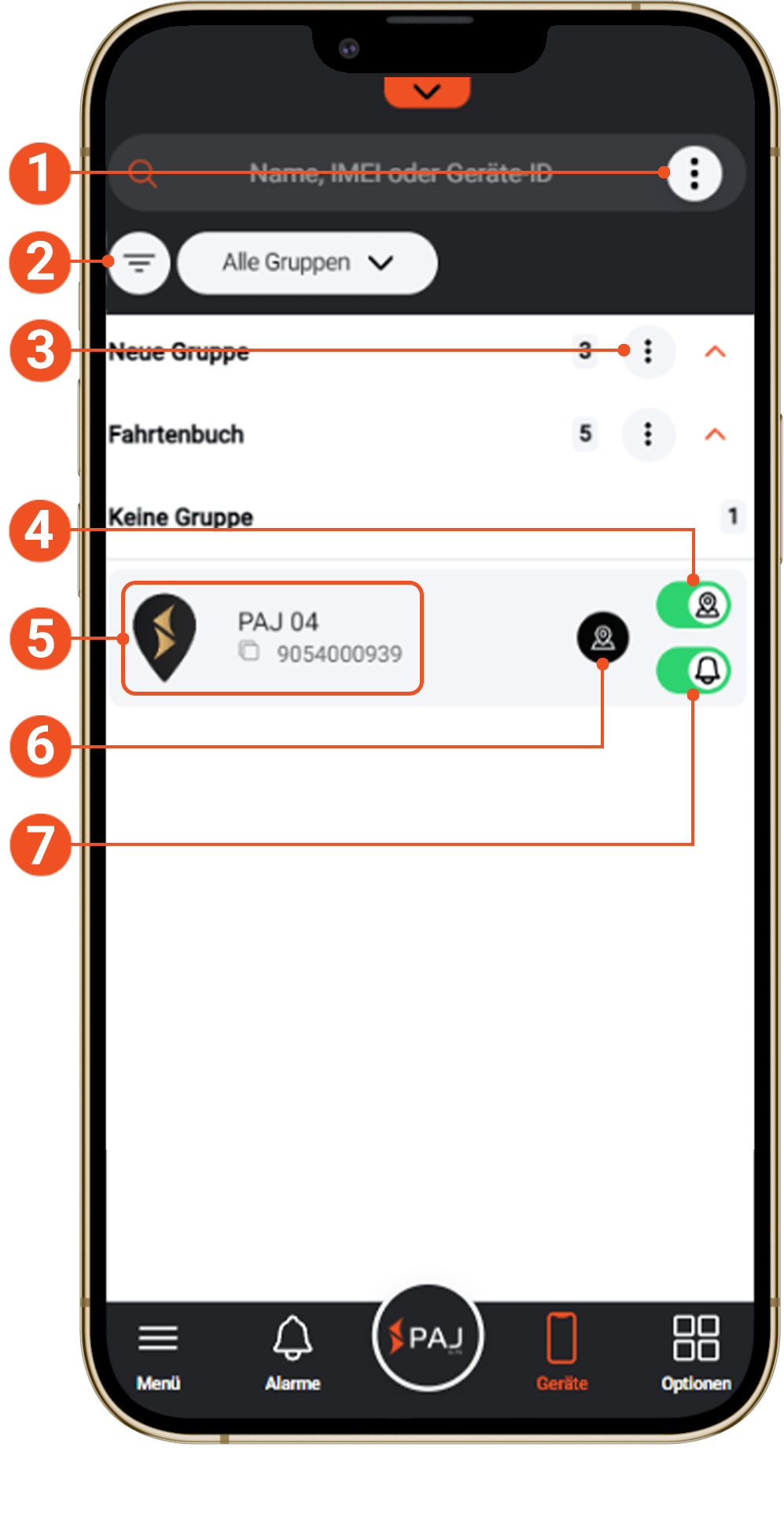 Screenshot Geräteliste Handy FINDER Portal V2