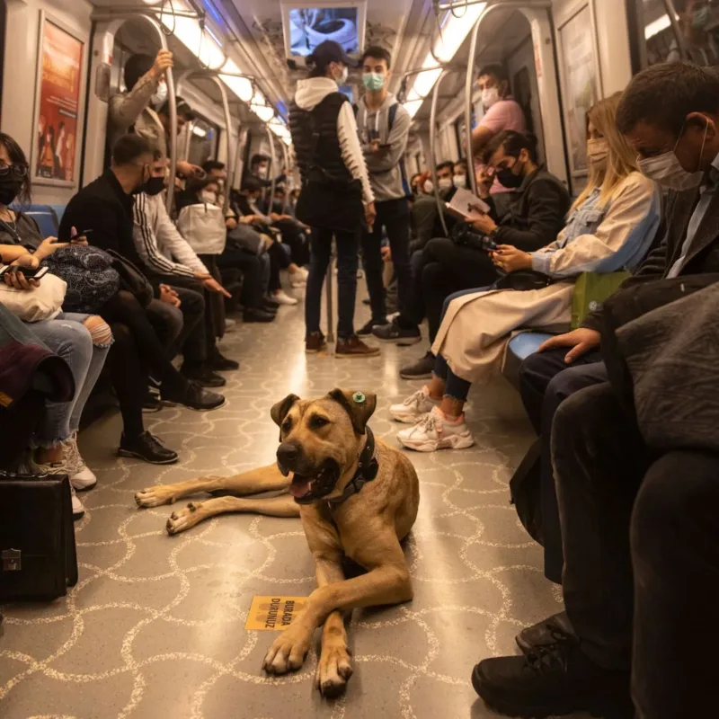 Ein Hund in der Strassenbahn in Istanbul mit einem GPS Tracker Hund am Hals