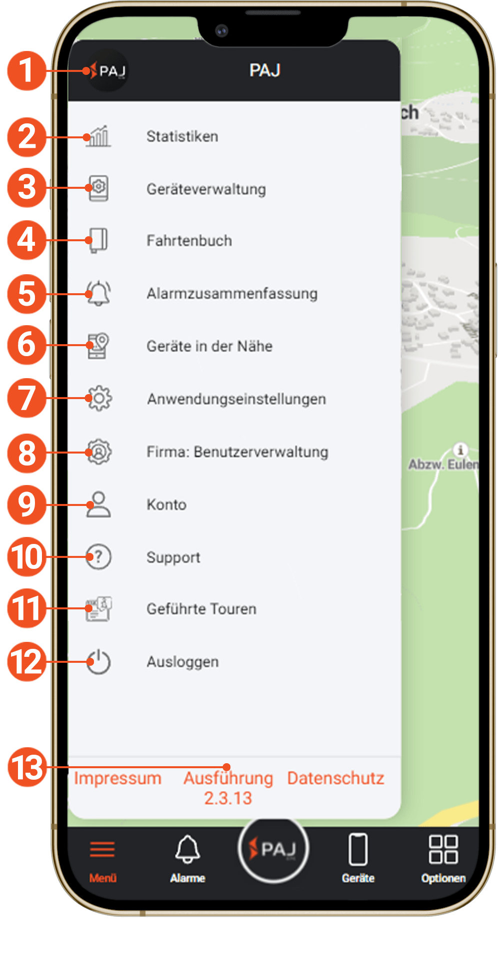 Screenshot Anwendungsmenü Handy FINDER Portal V2