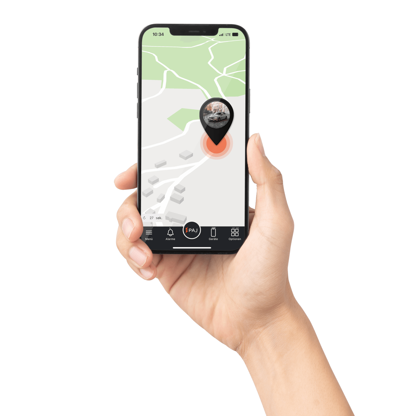 Mockup Smartphone in Hand mit FINDER Portal App von PAJ GPS