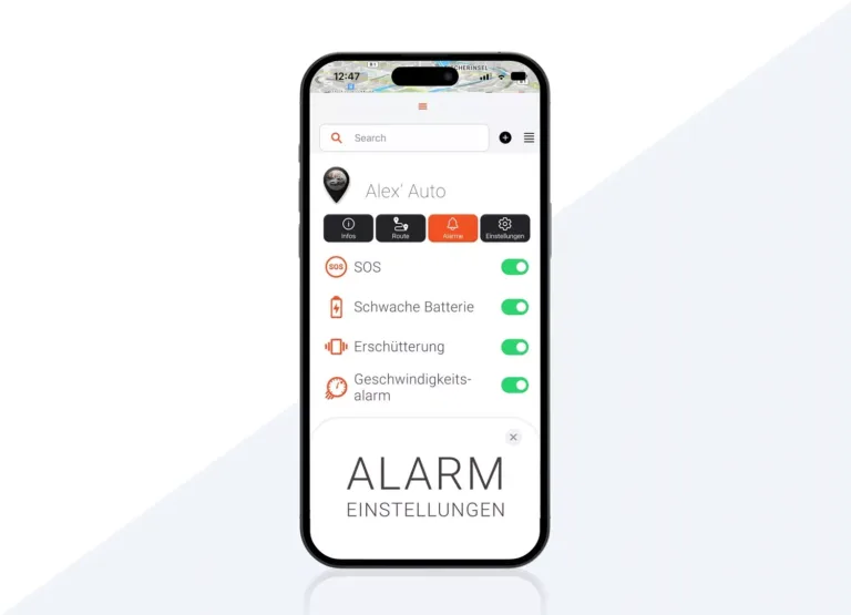 Smartphone Mockup mit Alarmeinstellungen im FINDER Portal