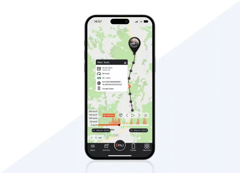 Smartphone Mockup mit FINDER Portal von PAJ GPS. Streckenpunke in der APP