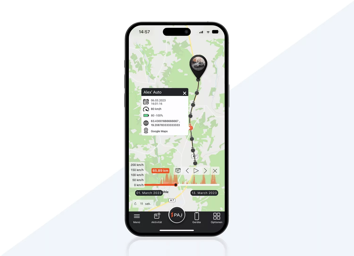 Bild der PAJ GPS-App, das die Route eines Autos auf der Karte sowie die aktuelle Geschwindigkeit des Fahrzeugs anzeigt
