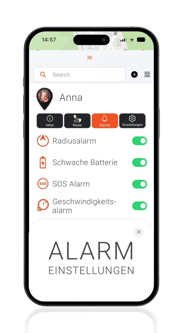 Mockup mit FINDER Portal, Großmutter und Alarmeinstellungen