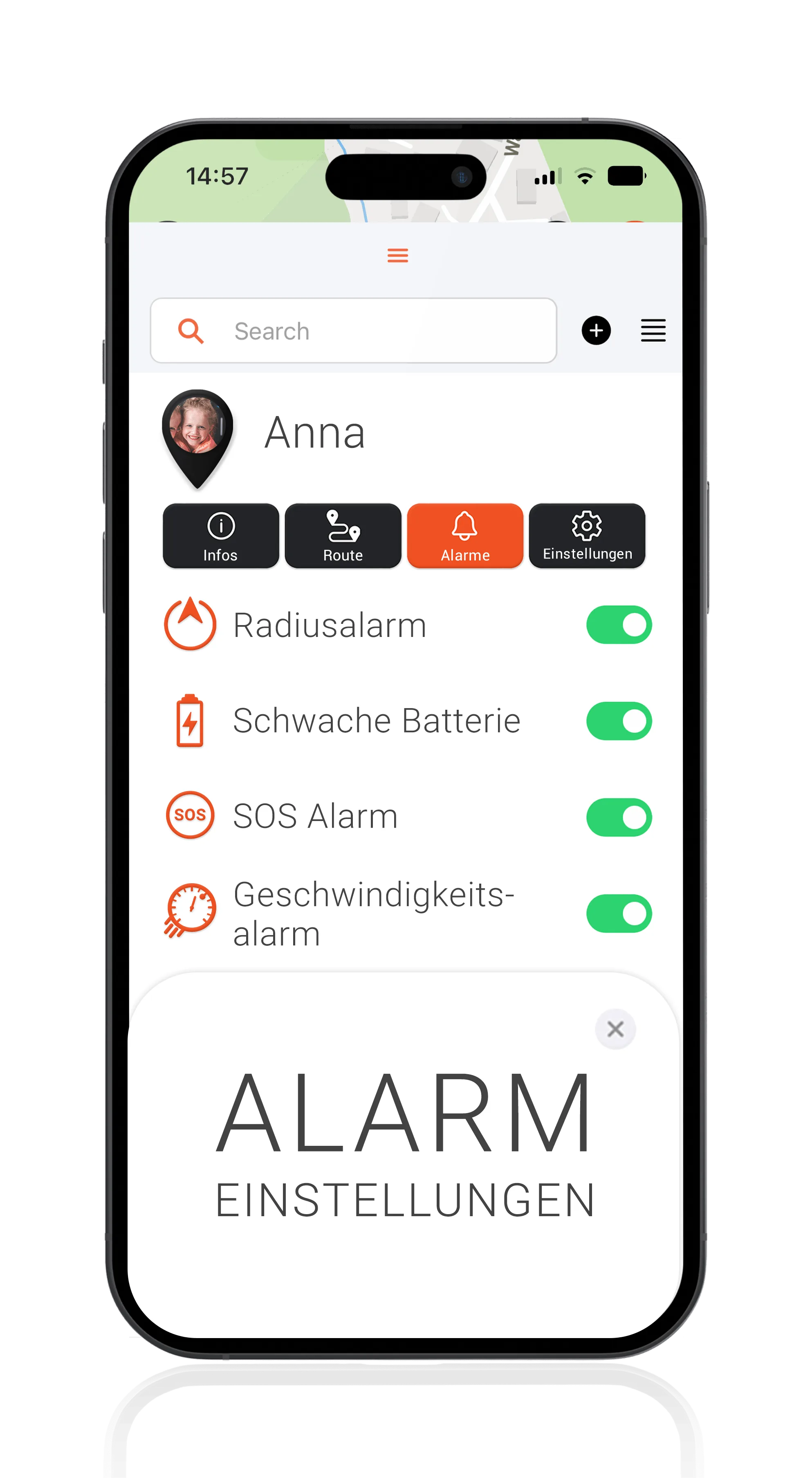 Mockup mit FINDER Portal, Großmutter und Alarmeinstellungen