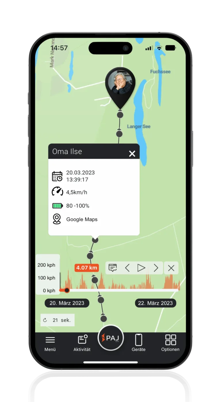 Mockup mit FINDER Portal, Großmutter und Streckendaten