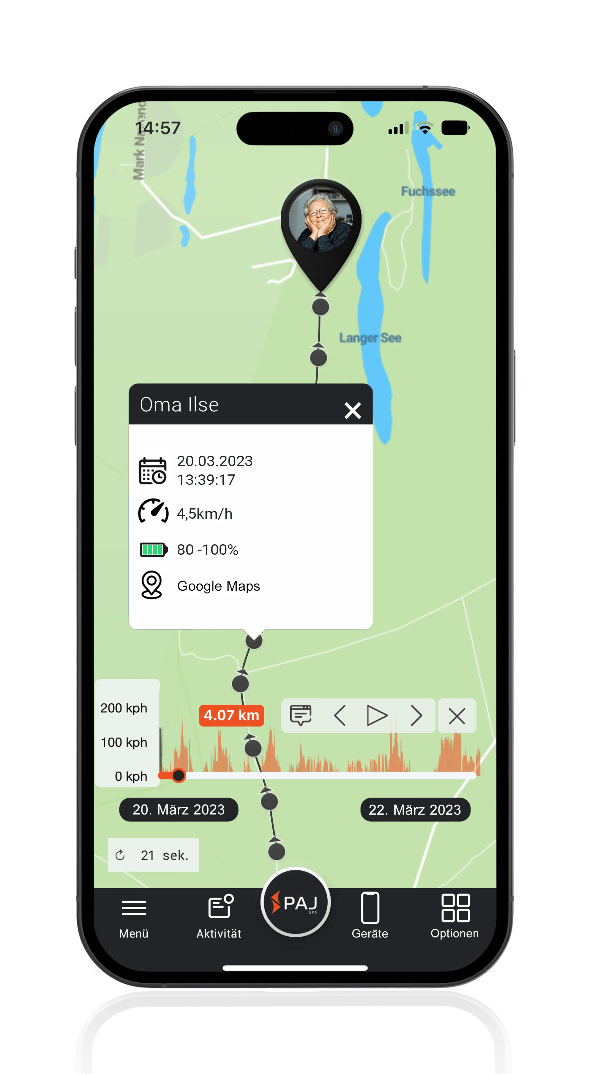 Mockup mit FINDER Portal, Großmutter und Streckendaten