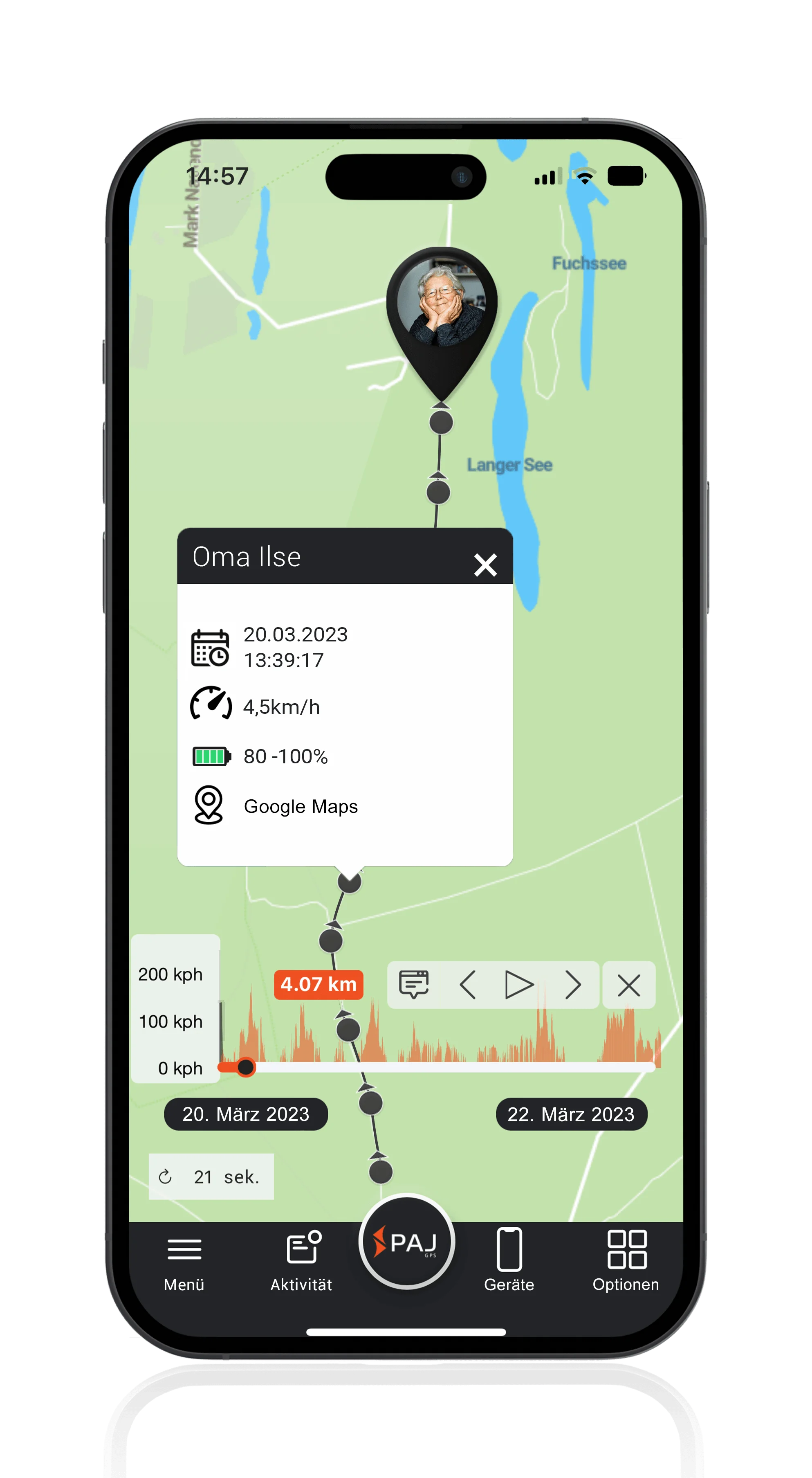 Mockup mit FINDER Portal, Großmutter und Streckendaten