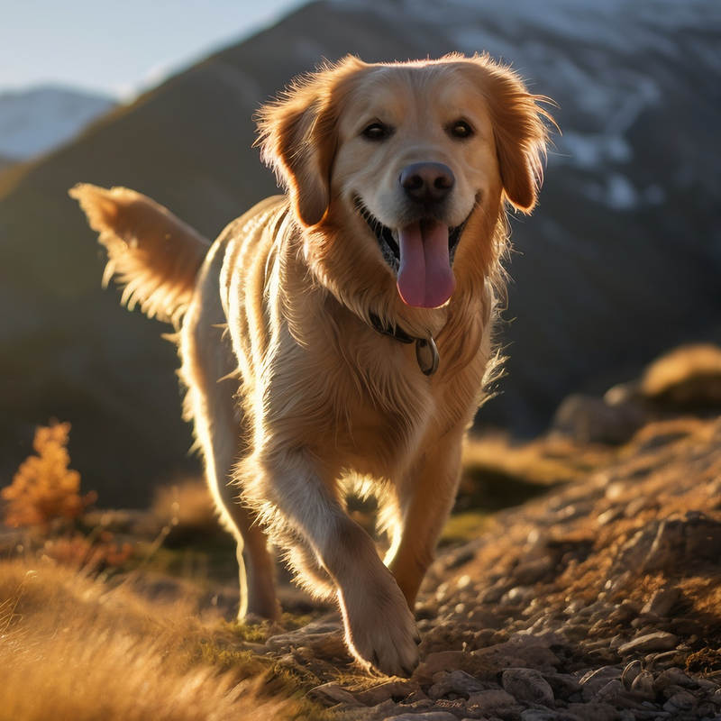 Golden Retriever, der fröhlich im ländlichen Gebiet spaziert