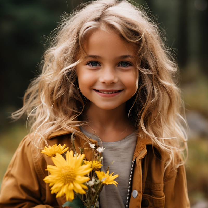 Kind hält einen Strauß Blumen in den Händen und lächelt, während es draußen steht