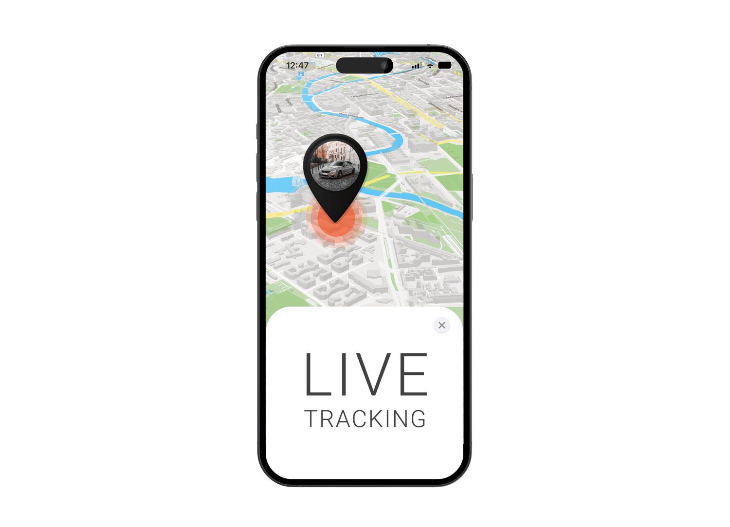 Mockup mit FINDER Portal, Auto und LIVE Tracking