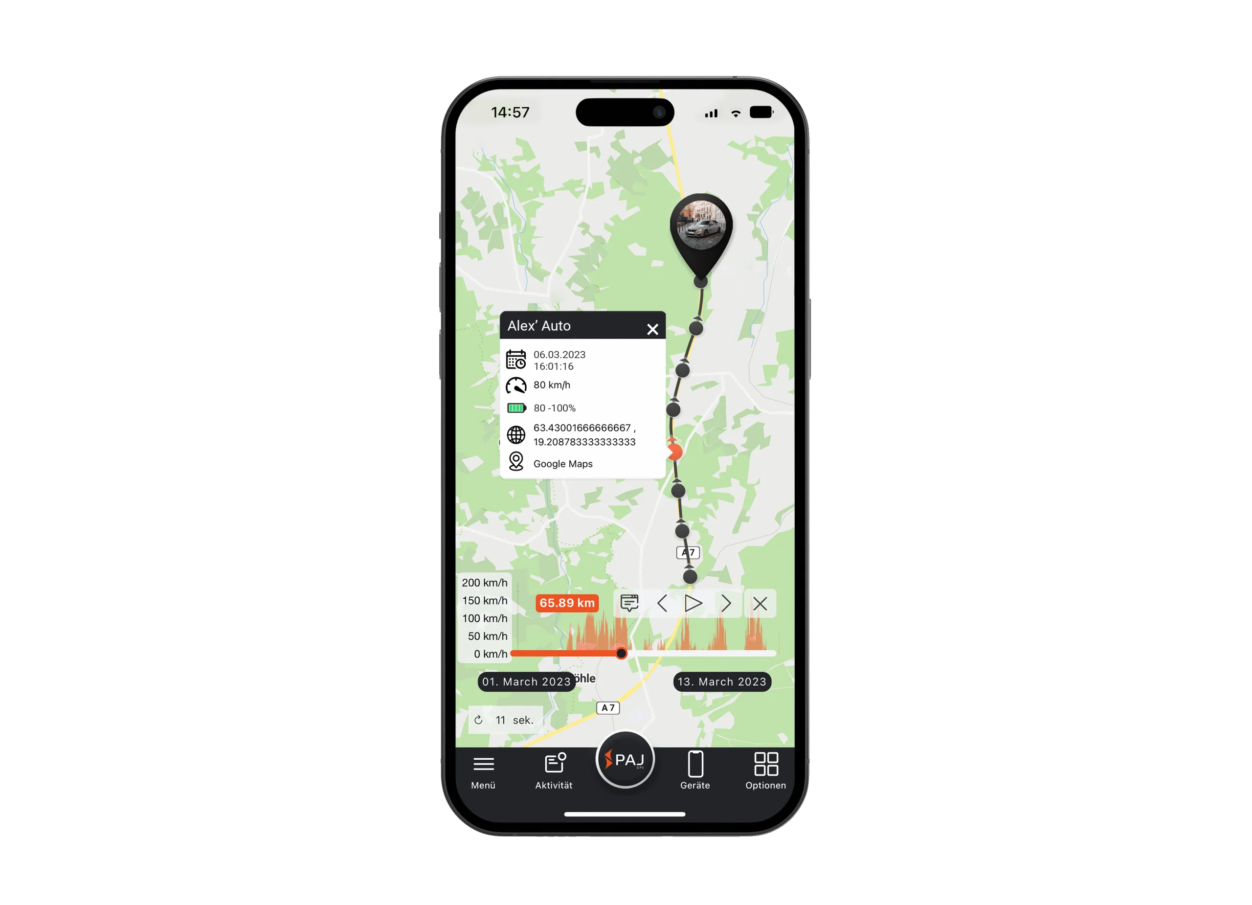 Mockup mit FINDER Portal, Auto und Streckendaten