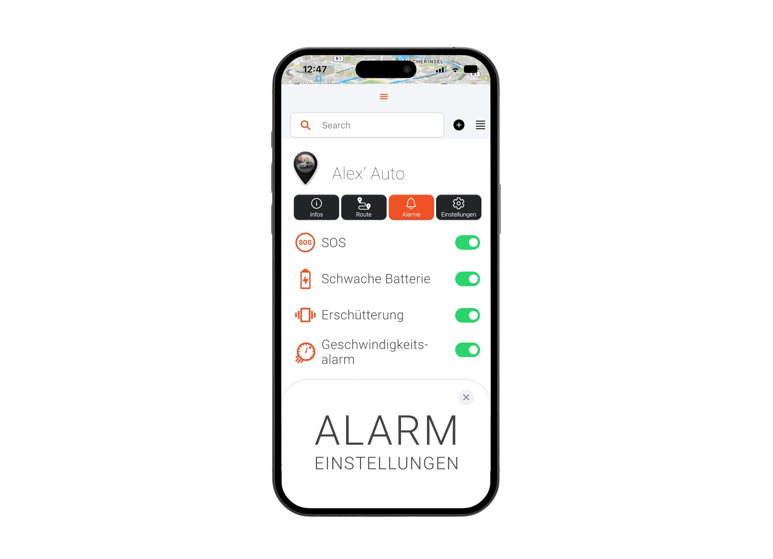 Mockup mit FINDER Portal, Auto und Alarmeinstellungen