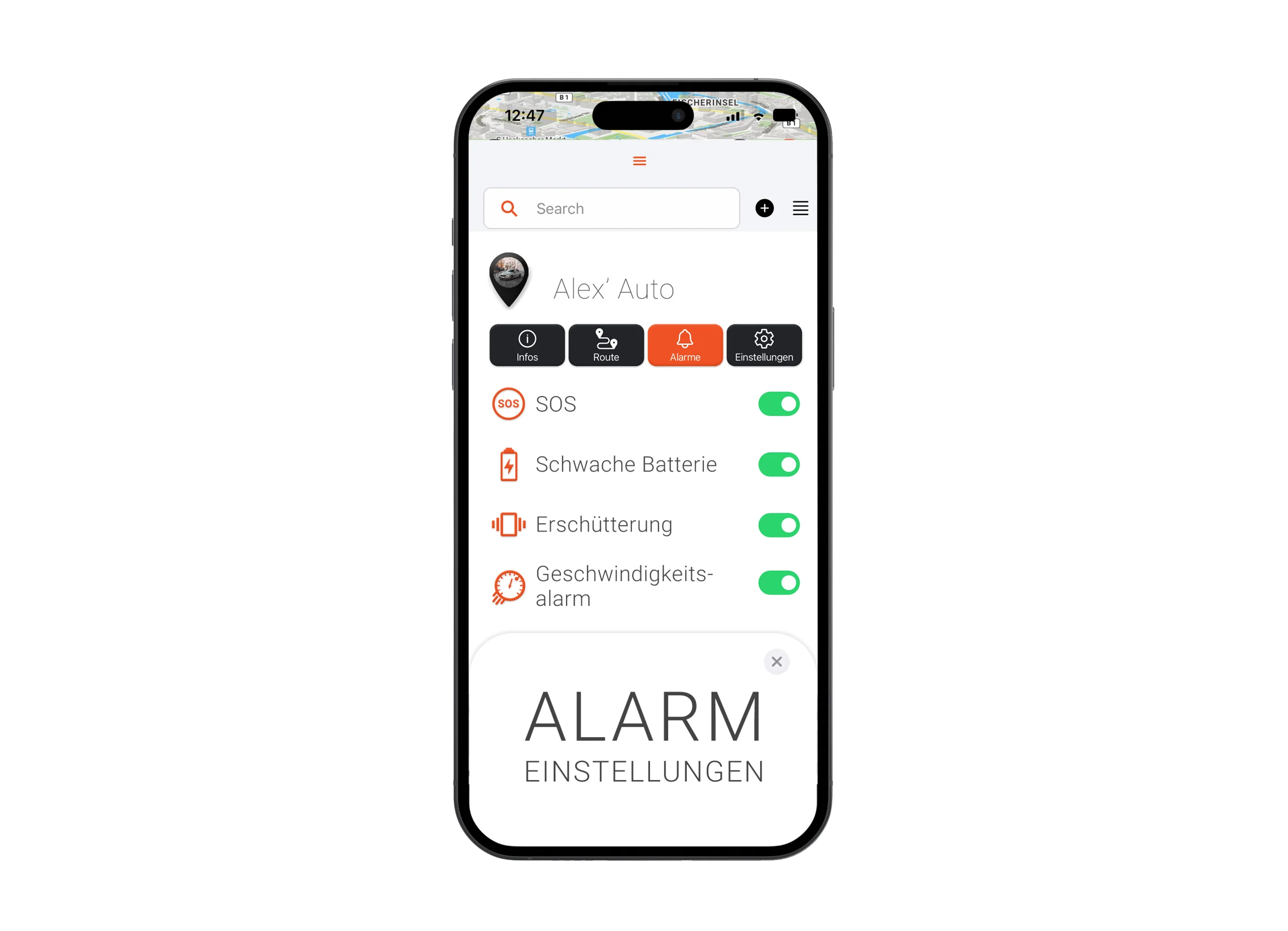 Mockup mit FINDER Portal, Auto und Alarmeinstellungen