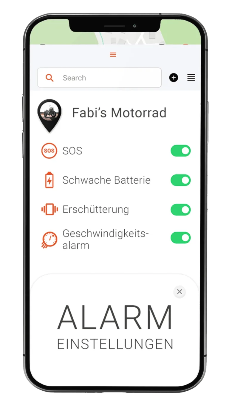 Mockup mit FINDER Portal, Motorrad und Alarmeinstellungen