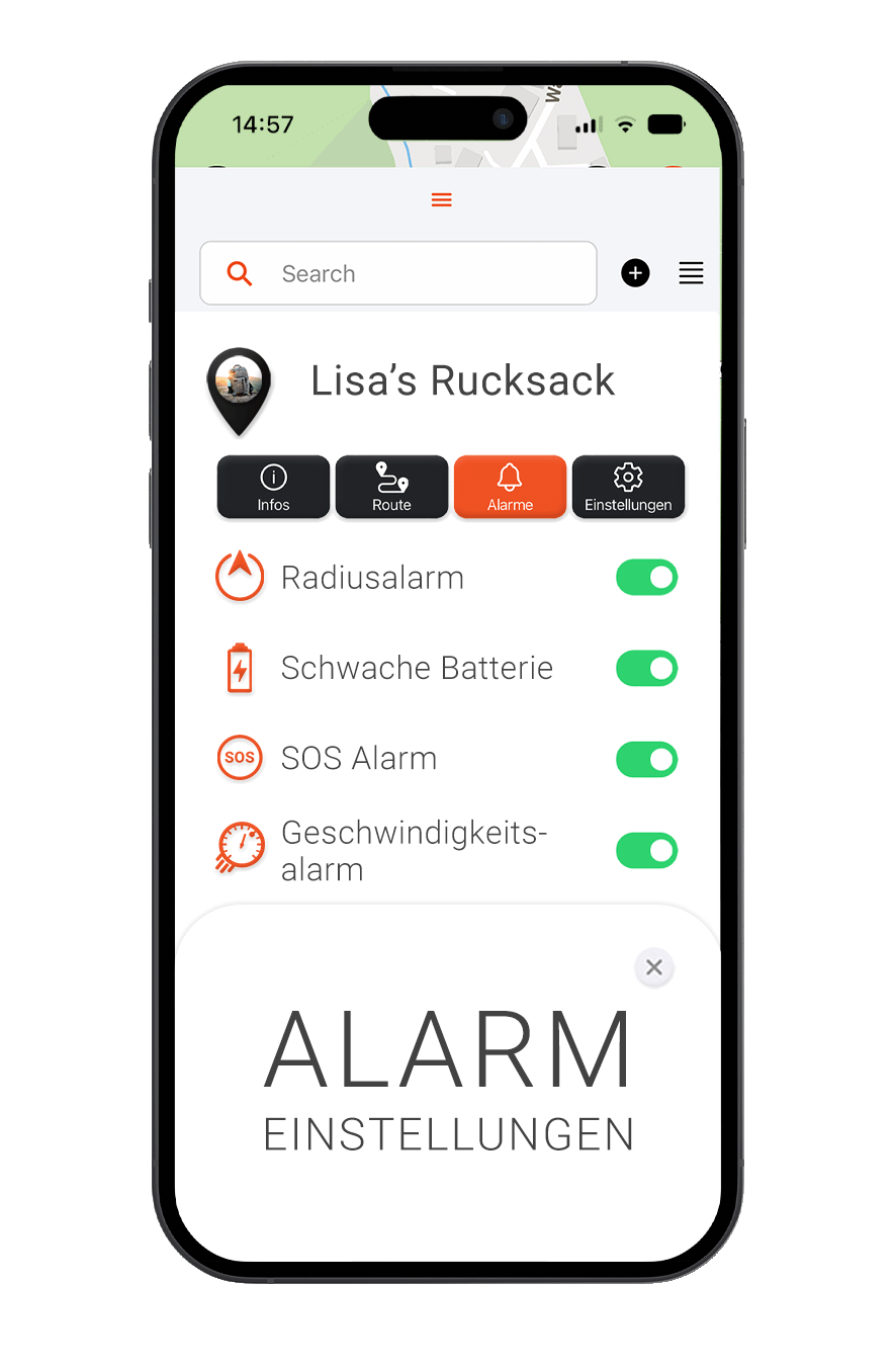 Mockup mit FINDER Portal, Rucksack und Alarmeinstellungen