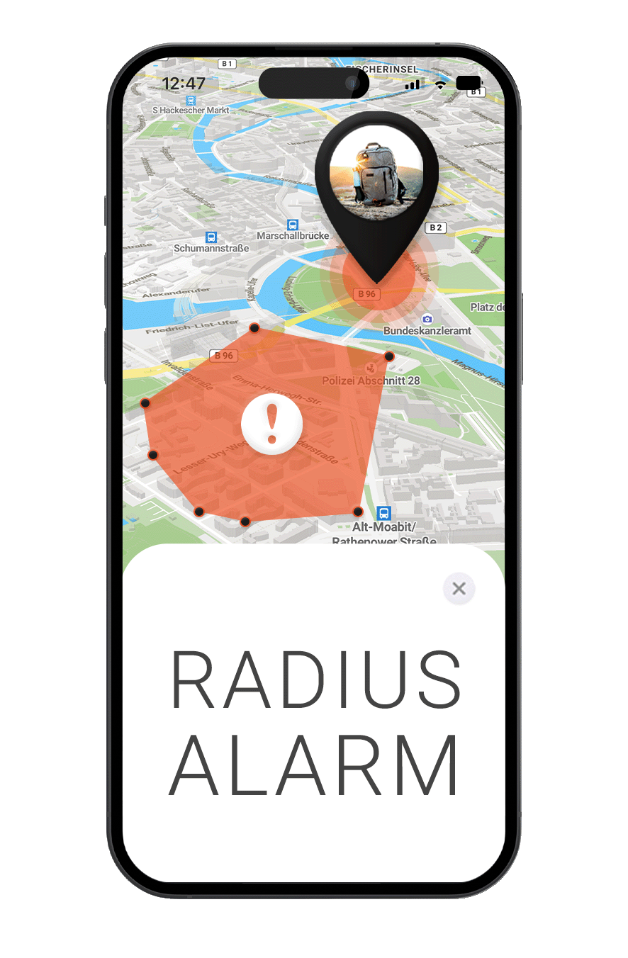 Mockup mit FINDER Portal, Rucksack und Radiusalarm