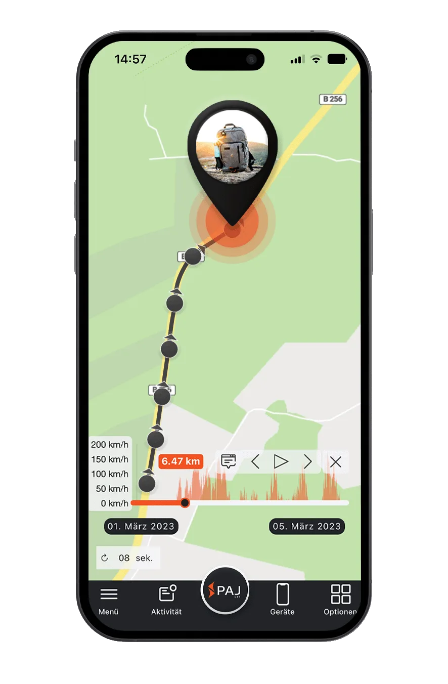 Mockup mit FINDER Portal, Rucksack und Streckendaten