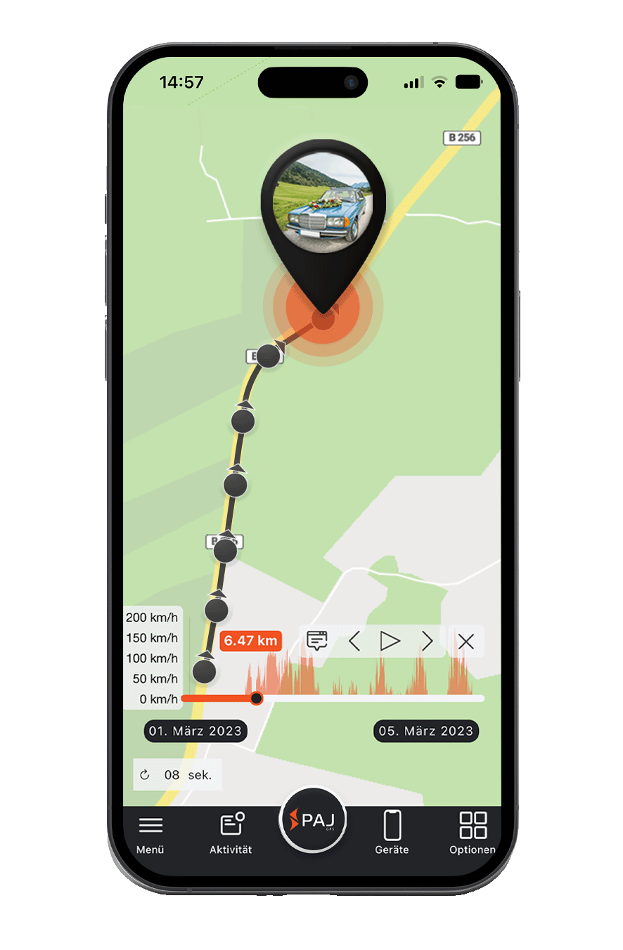 Mockup mit FINDER Portal, Oldtimer und Streckendaten