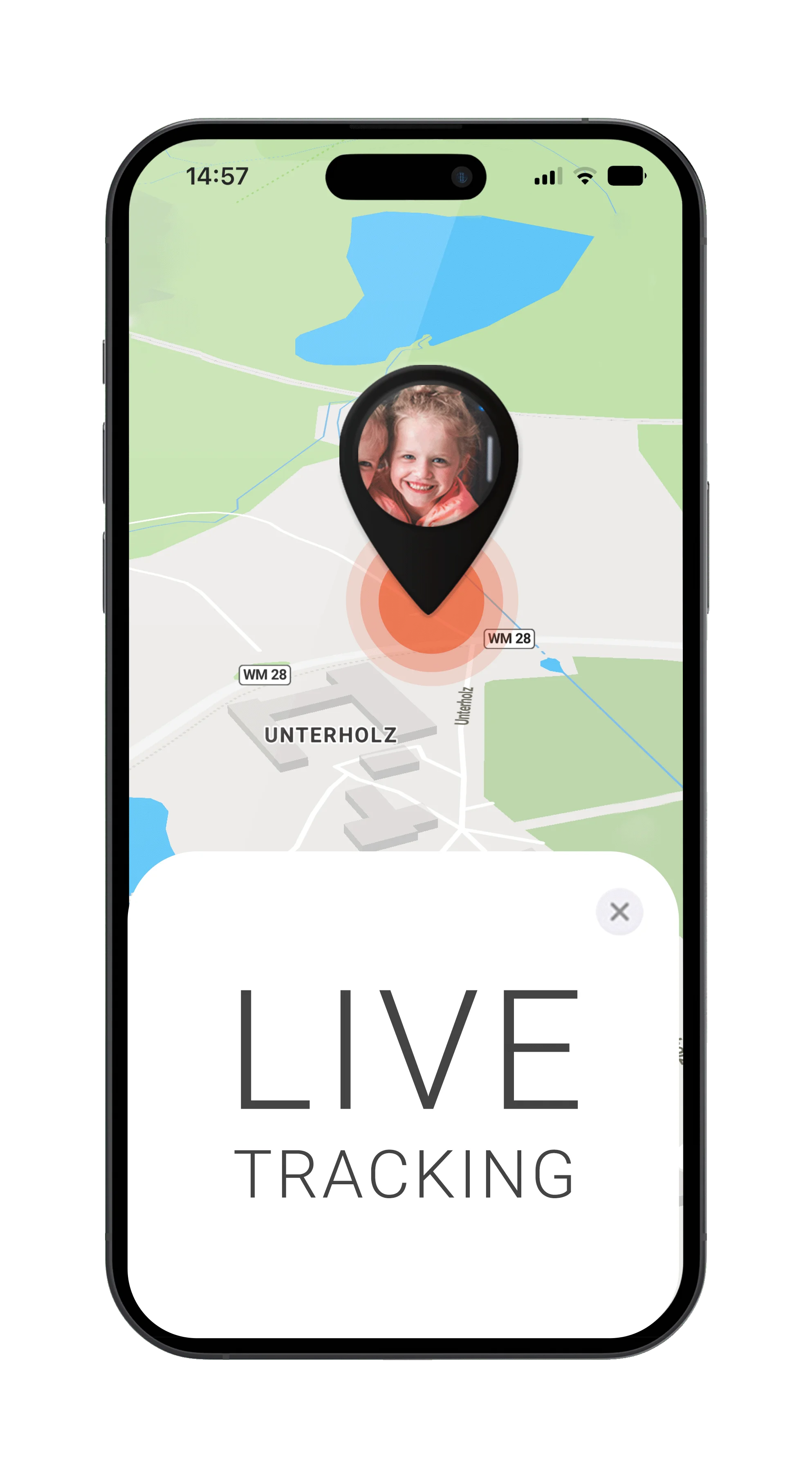Mockup mit FINDER Portal, Kind und LIVE Tracking