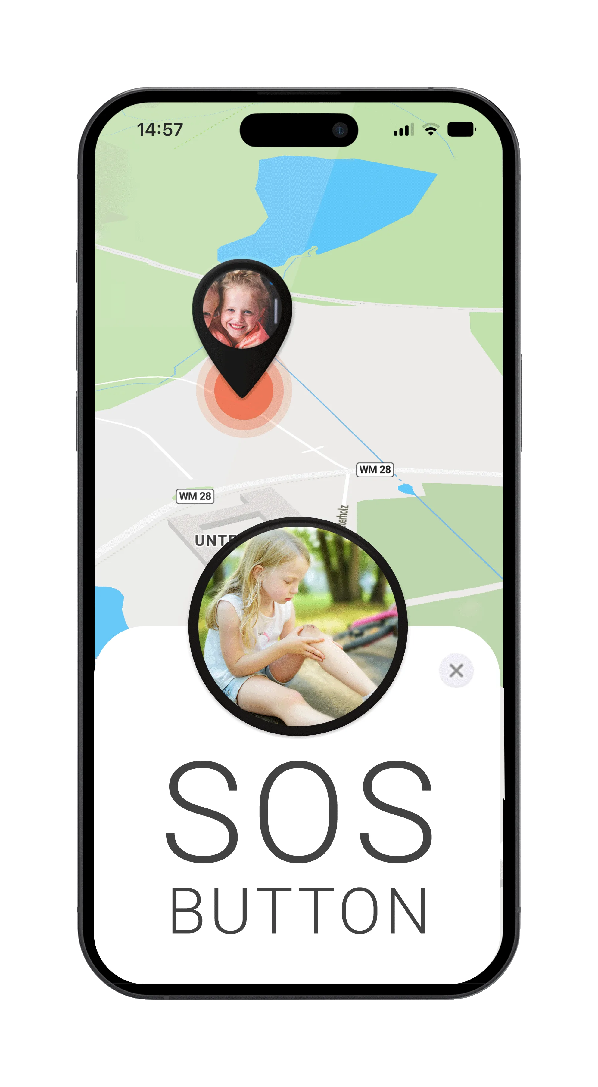 Mockup mit FINDER Portal, Kind und SOS-Taste