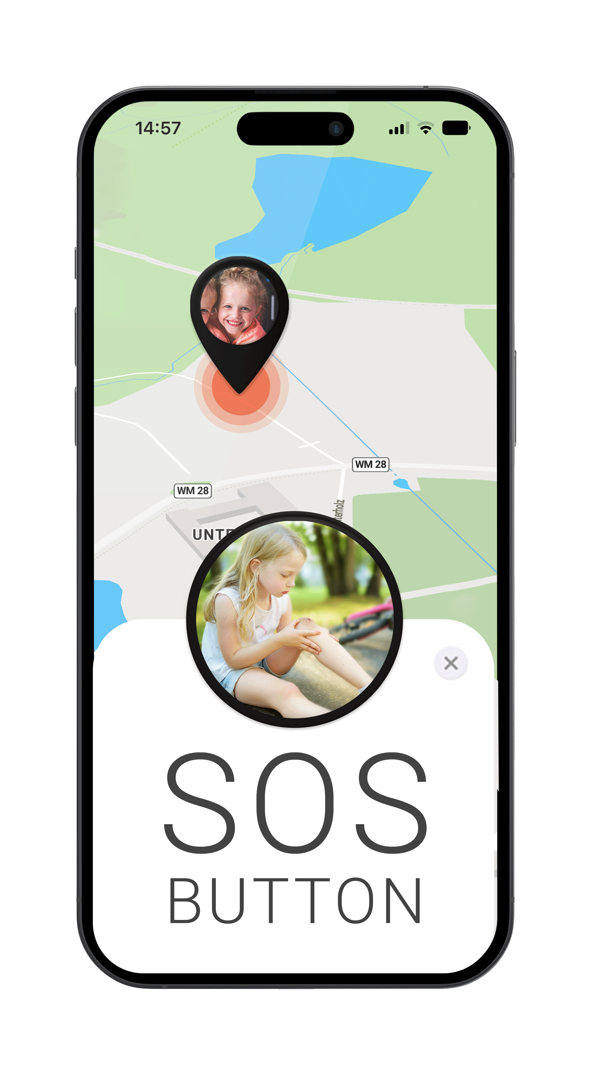 Mockup mit FINDER Portal, Kind und SOS-Taste