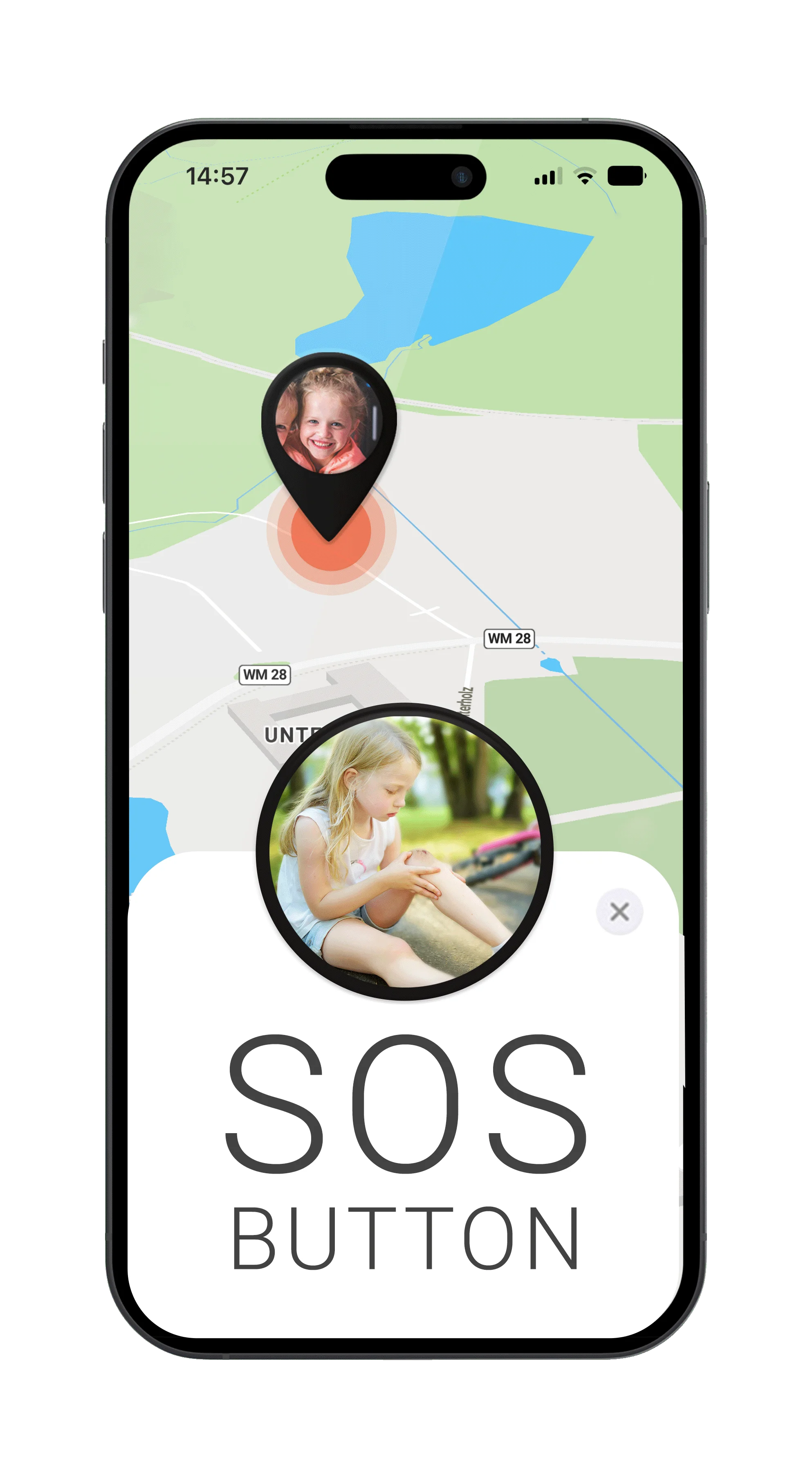 Mockup mit FINDER Portal, Kind und SOS-Taste