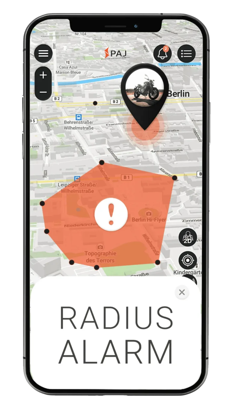 Mockup PAJ FINDER Portal App Radiusalarm für Motorrad